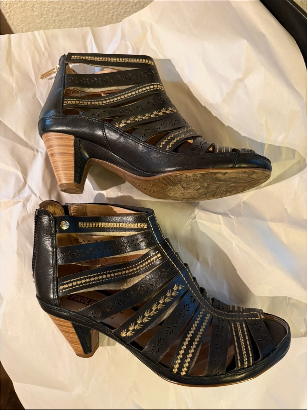 PIKOLINOS Black and Gold Cutout Heeled Booties